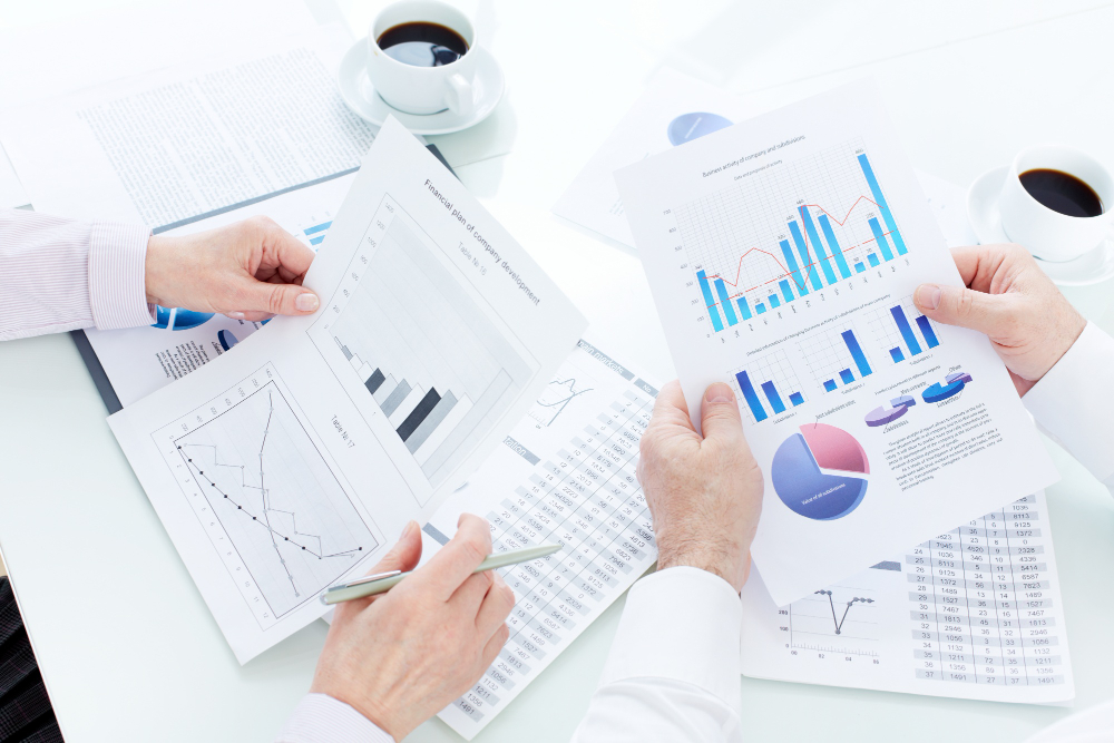 Two professionals analysing charts and documents for GST compliance and reporting